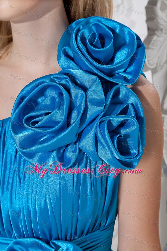 Exquisite Short Flowery and Ruched Sky Blue Bridesmaid Dress