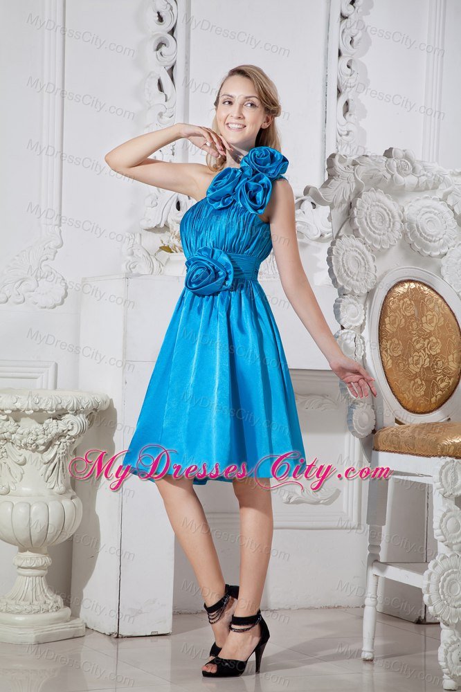 Exquisite Short Flowery and Ruched Sky Blue Bridesmaid Dress