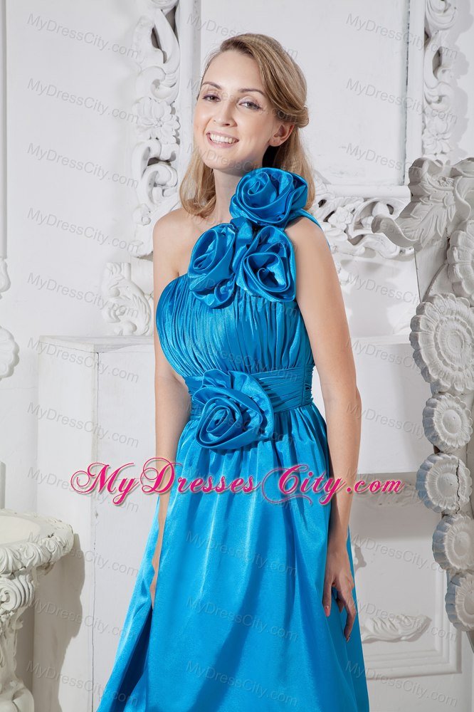 Exquisite Short Flowery and Ruched Sky Blue Bridesmaid Dress