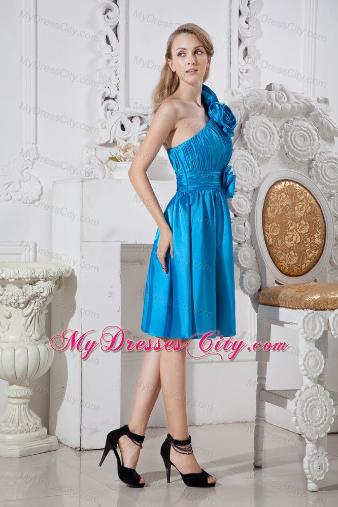 Exquisite Short Flowery and Ruched Sky Blue Bridesmaid Dress