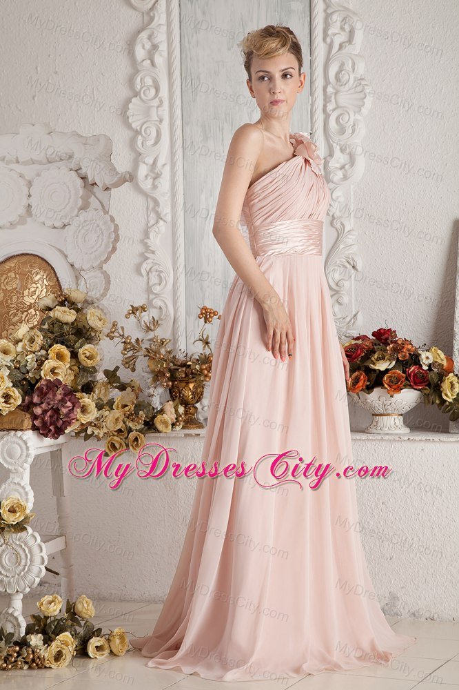 Flowers Decorate Single Shoulder Sweep Train Ruched Bridesmaid Dress