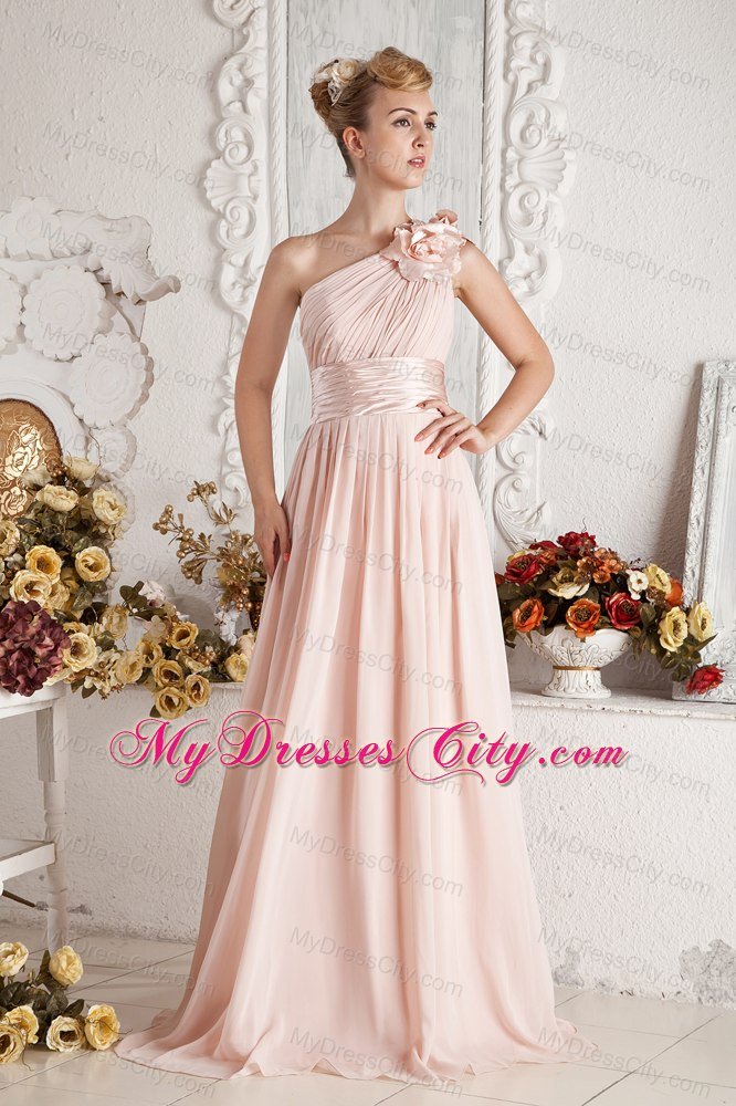 Flowers Decorate Single Shoulder Sweep Train Ruched Bridesmaid Dress