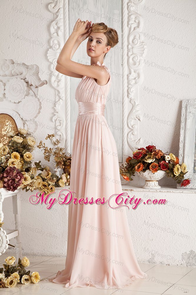 Flowers Decorate Single Shoulder Sweep Train Ruched Bridesmaid Dress