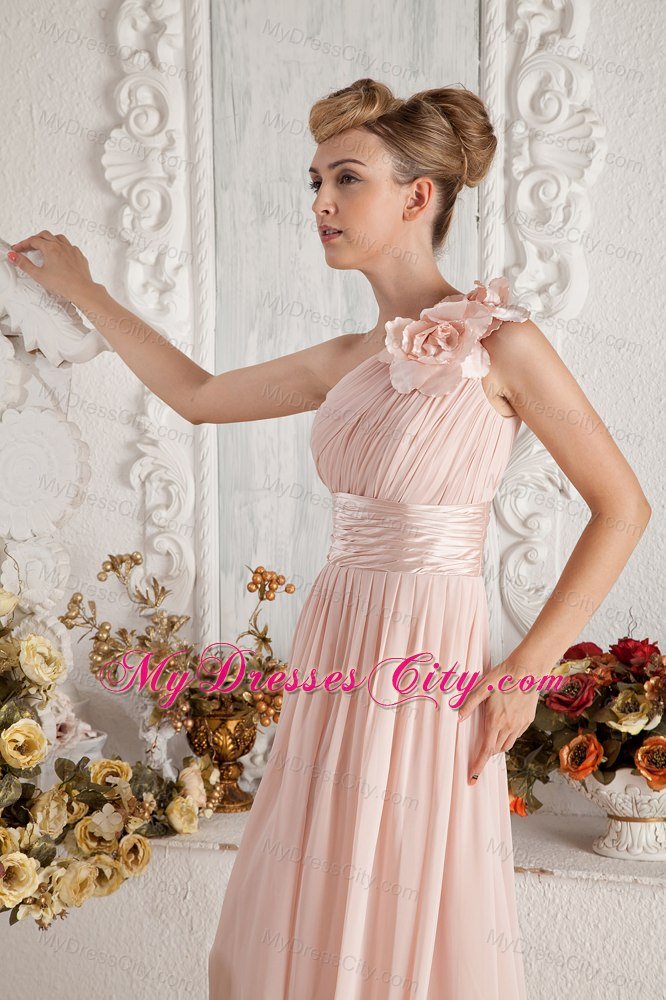 Flowers Decorate Single Shoulder Sweep Train Ruched Bridesmaid Dress