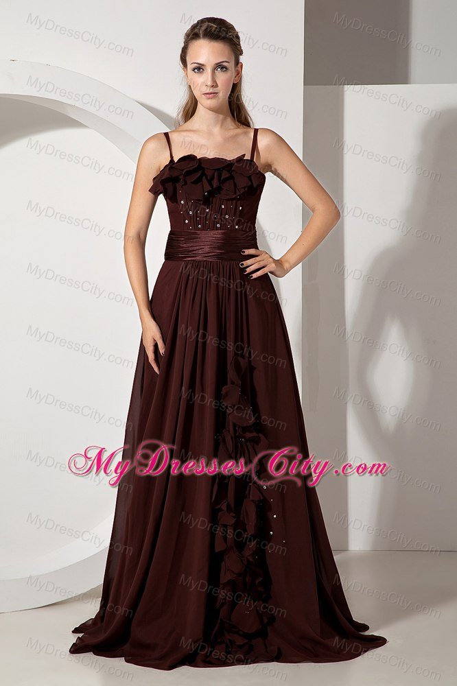 Brush Train Beaded and Flowery Brown Bridesmaid Dress