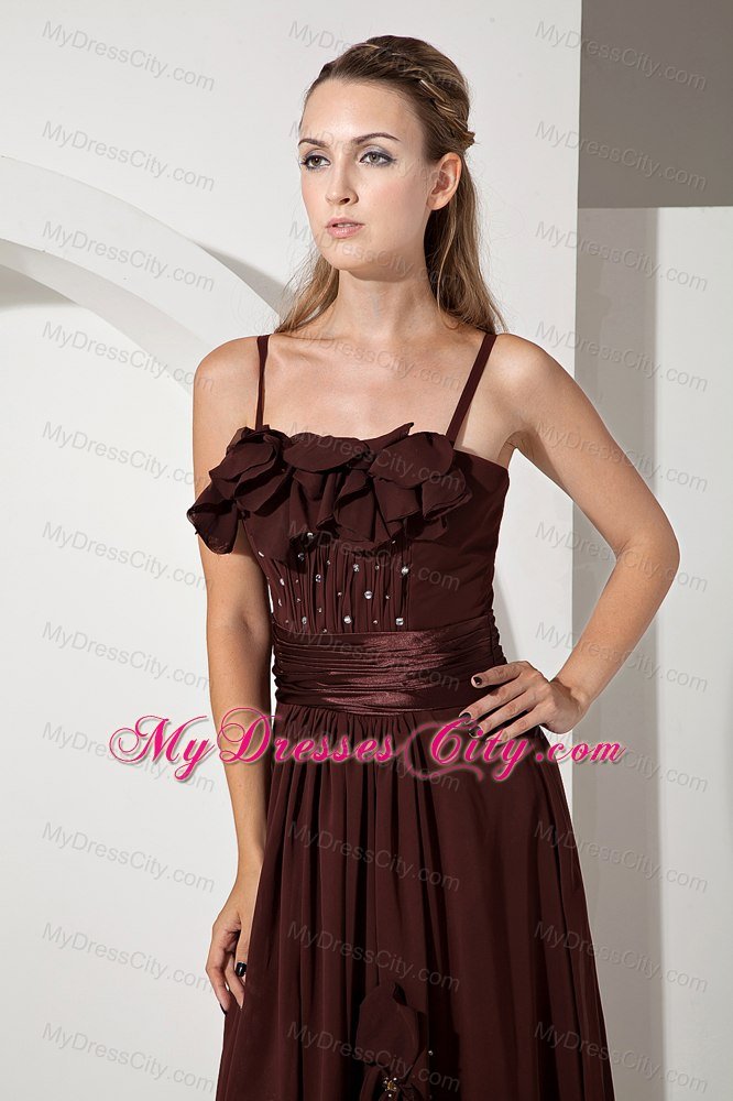 Brush Train Beaded and Flowery Brown Bridesmaid Dress