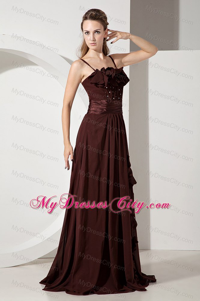 Brush Train Beaded and Flowery Brown Bridesmaid Dress