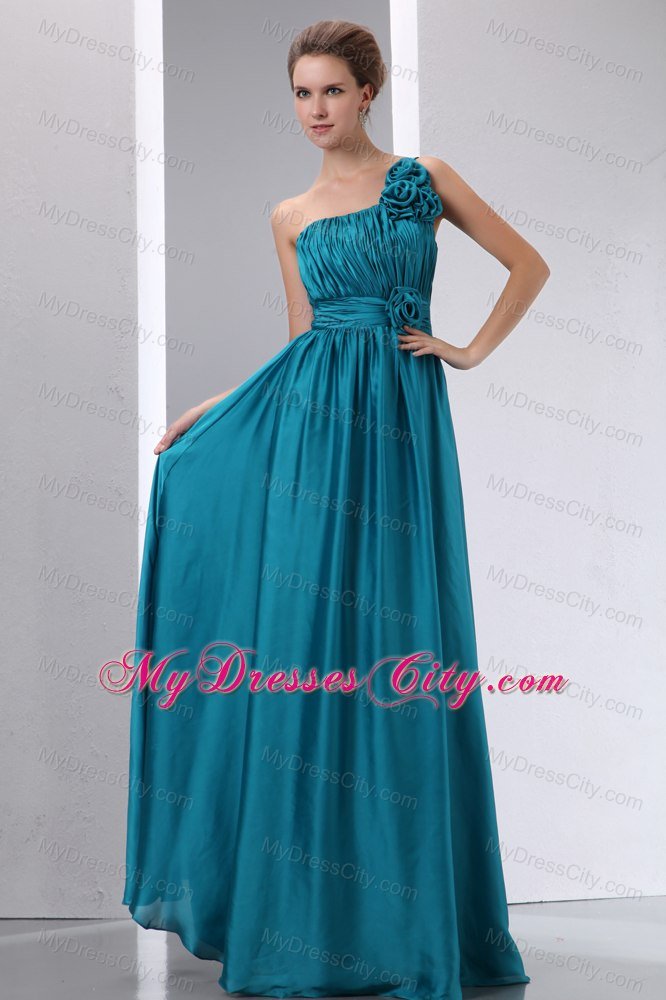 Teal Ruched Bridesmaid Dress with Flower Decorate One Shoulder