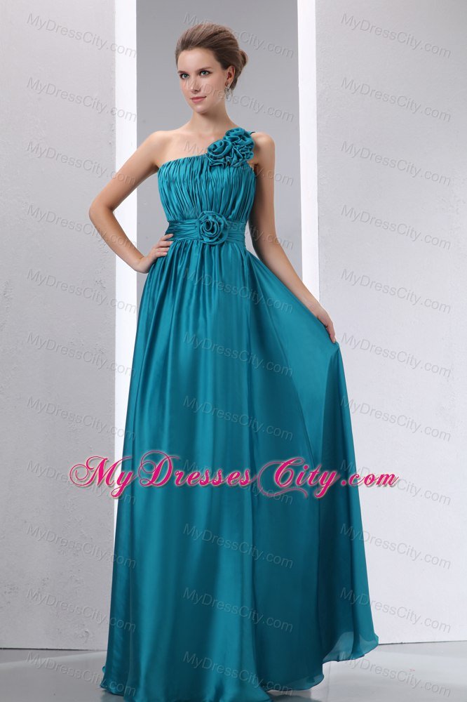 Teal Ruched Bridesmaid Dress with Flower Decorate One Shoulder