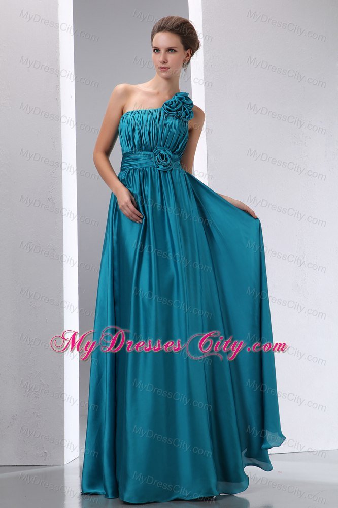 Teal Ruched Bridesmaid Dress with Flower Decorate One Shoulder