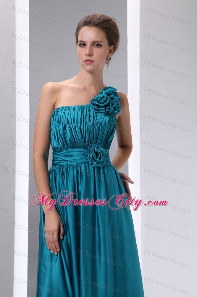 Teal Ruched Bridesmaid Dress with Flower Decorate One Shoulder