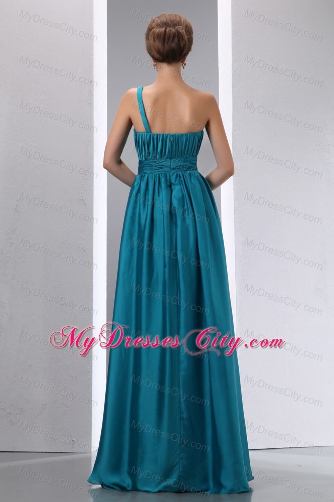 Teal Ruched Bridesmaid Dress with Flower Decorate One Shoulder