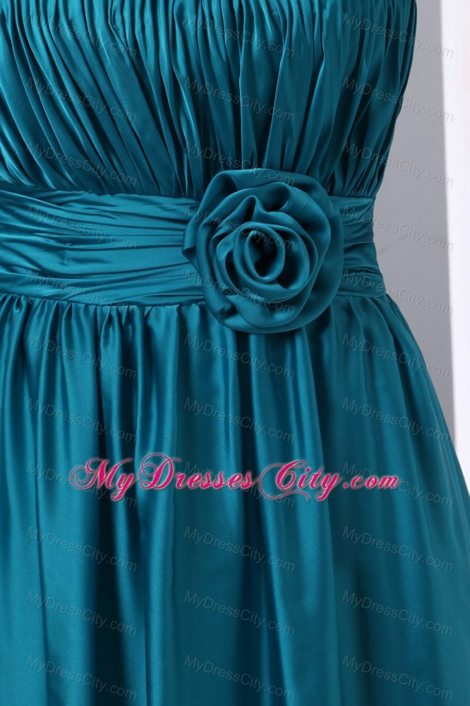 Teal Ruched Bridesmaid Dress with Flower Decorate One Shoulder