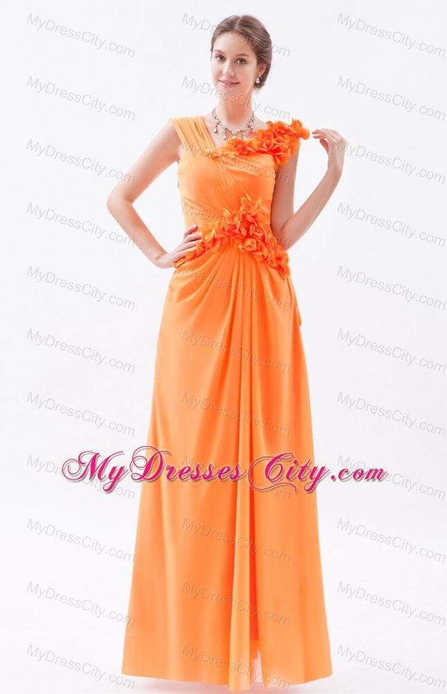 Orange Asymmetrical Ruched and Flower Long Bridesmaid Dress