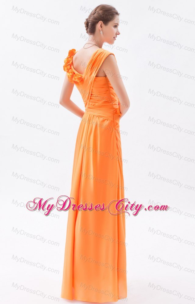 Orange Asymmetrical Ruched and Flower Long Bridesmaid Dress