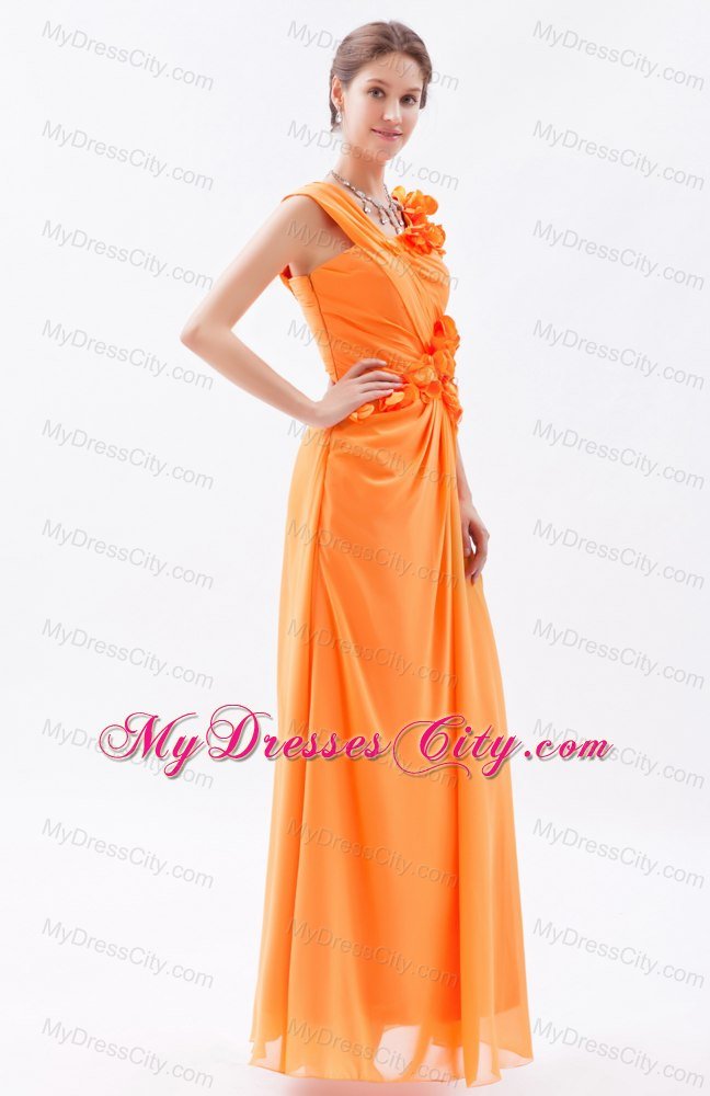 Orange Asymmetrical Ruched and Flower Long Bridesmaid Dress