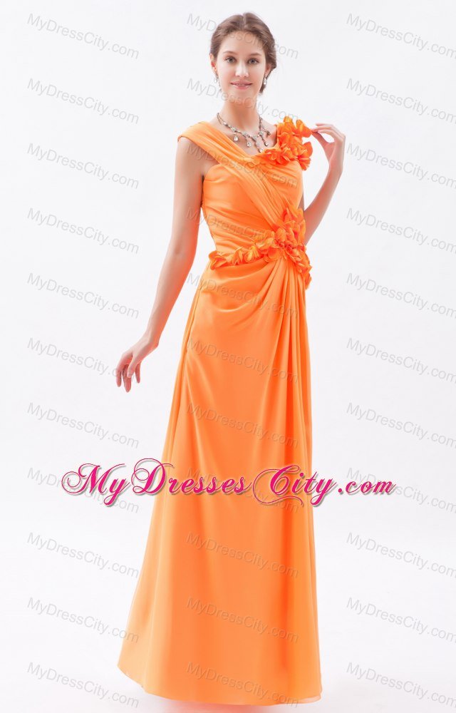 Orange Asymmetrical Ruched and Flower Long Bridesmaid Dress