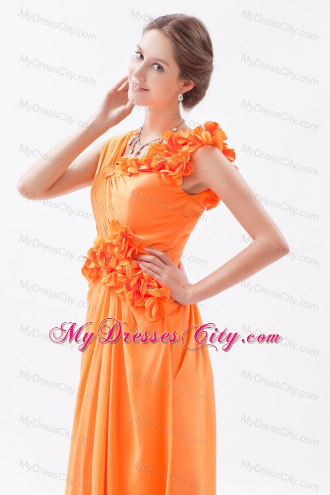 Orange Asymmetrical Ruched and Flower Long Bridesmaid Dress