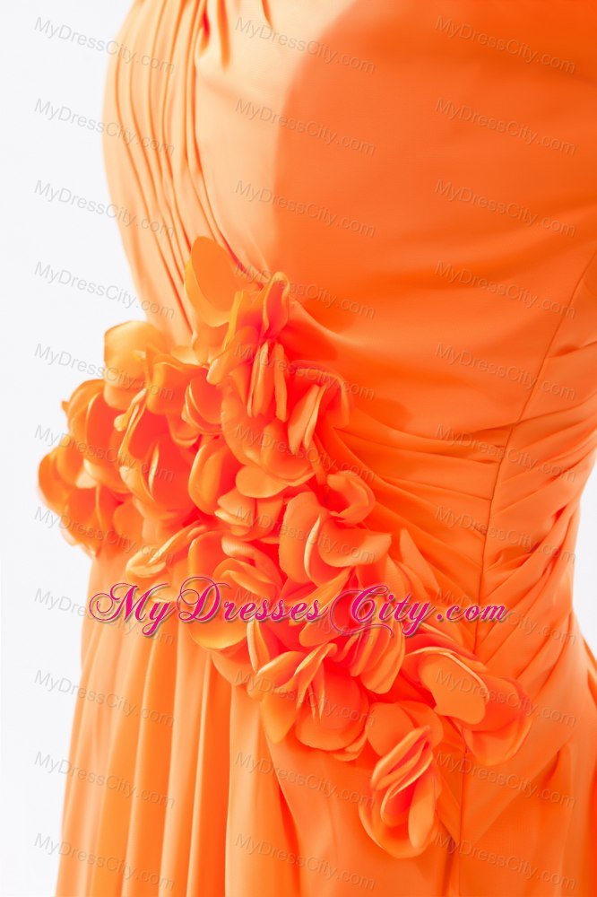 Orange Asymmetrical Ruched and Flower Long Bridesmaid Dress