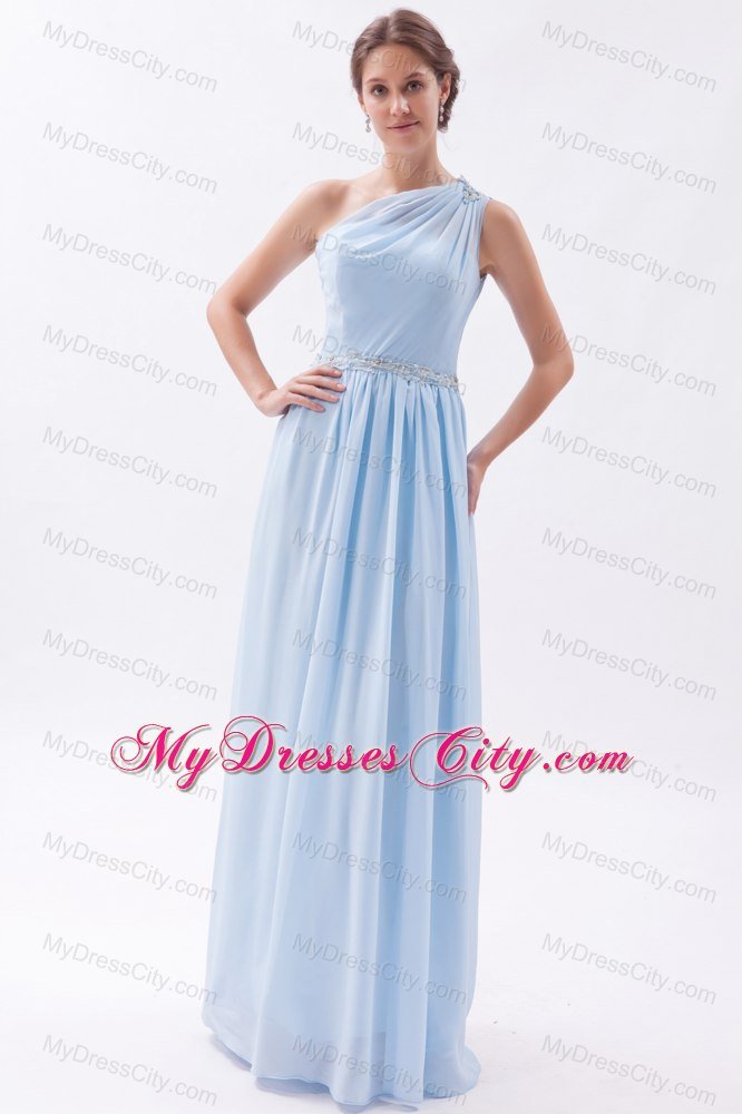 Light Blue Single Shoulder Ruched and Beaded Bridesmaid Dress