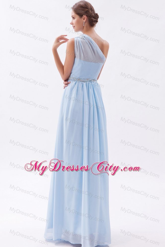 Light Blue Single Shoulder Ruched and Beaded Bridesmaid Dress