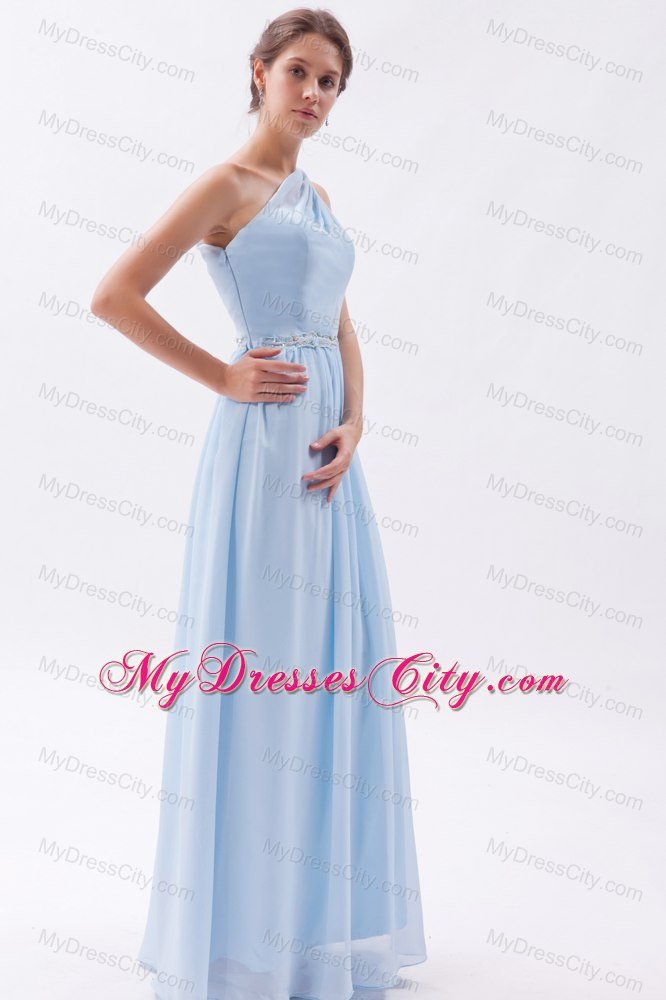 Light Blue Single Shoulder Ruched and Beaded Bridesmaid Dress