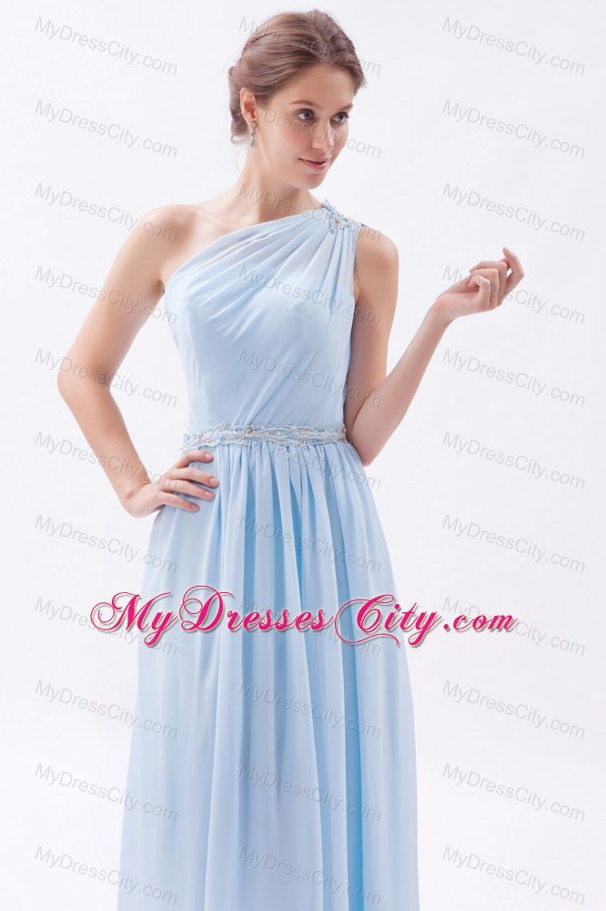 Light Blue Single Shoulder Ruched and Beaded Bridesmaid Dress