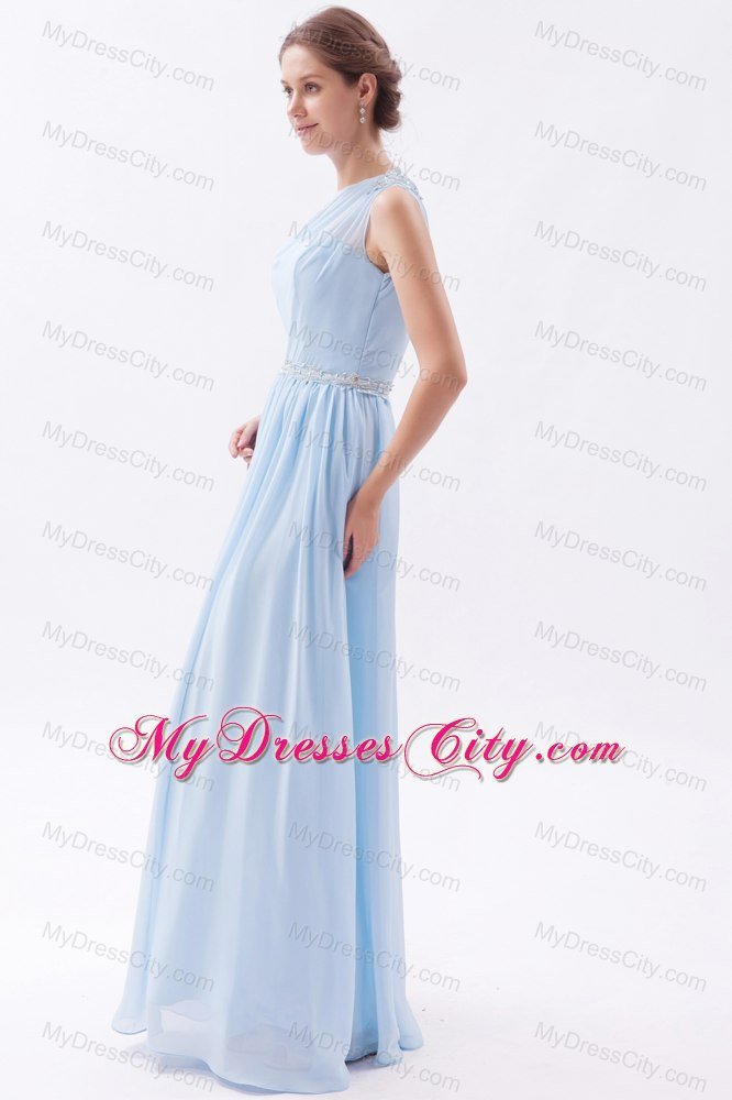 Light Blue Single Shoulder Ruched and Beaded Bridesmaid Dress