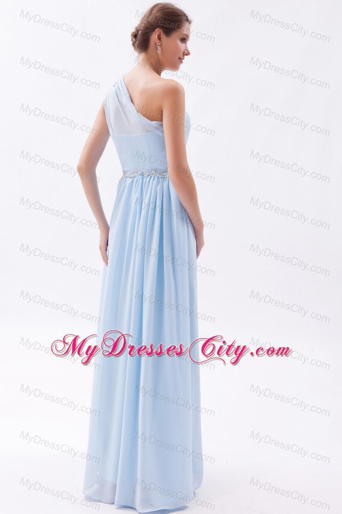 Light Blue Single Shoulder Ruched and Beaded Bridesmaid Dress