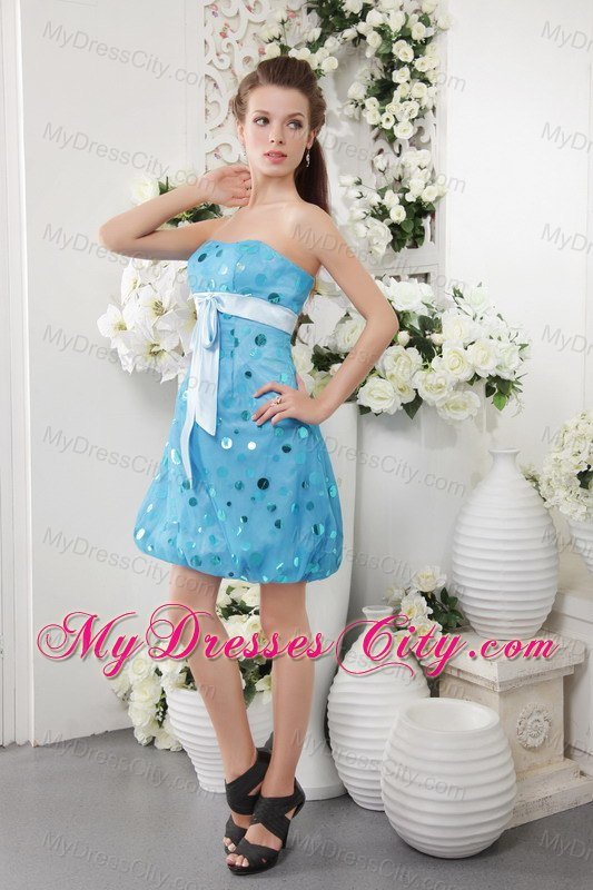 Strapless Short Polka Sash Blue Dress for Bridesmaid