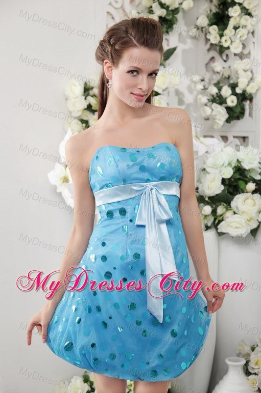 Strapless Short Polka Sash Blue Dress for Bridesmaid