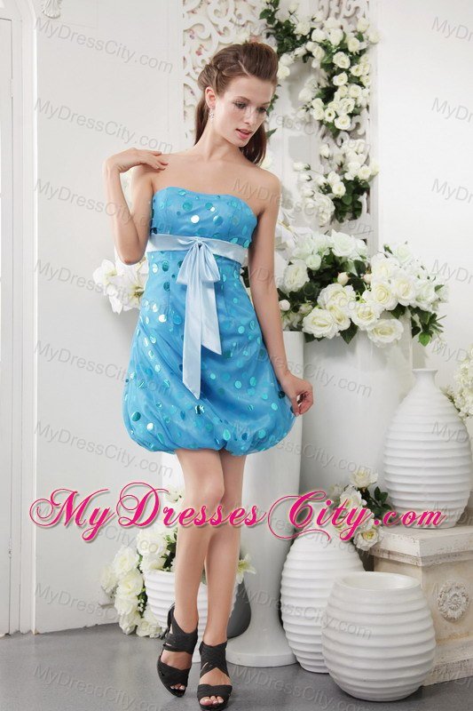 Strapless Short Polka Sash Blue Dress for Bridesmaid