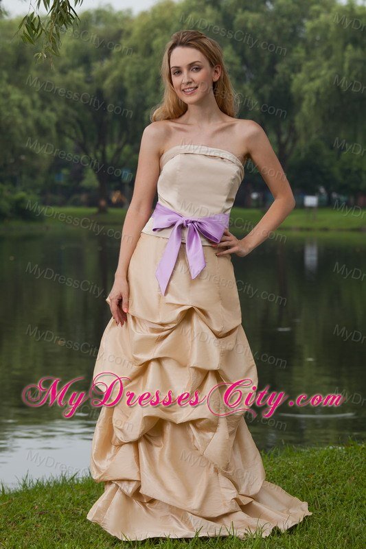 Long Pick-ups Champagne Bridesmaid Dress with Lavender Bow