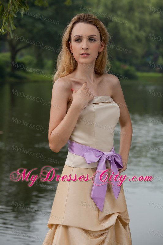 Long Pick-ups Champagne Bridesmaid Dress with Lavender Bow