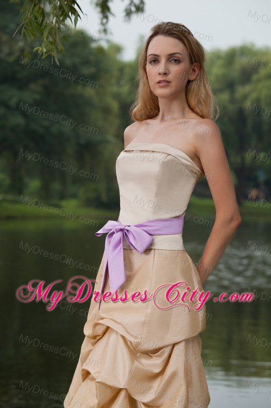 Long Pick-ups Champagne Bridesmaid Dress with Lavender Bow