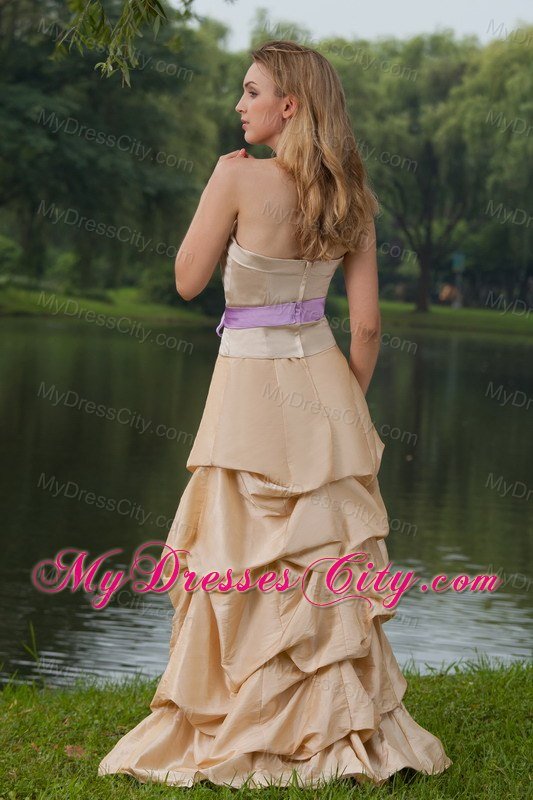 Long Pick-ups Champagne Bridesmaid Dress with Lavender Bow