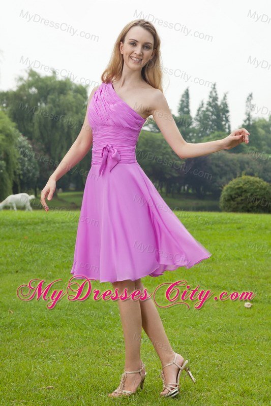 Ruched Single Shoulder Lavender Knee-length Bridesmaid Dress