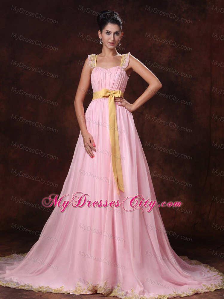 A-line Pink Prom Gowns with Yellow Bowknot for Court Train