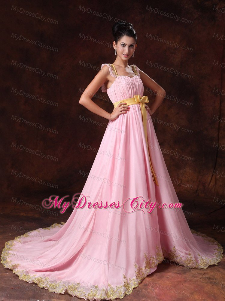 A-line Pink Prom Gowns with Yellow Bowknot for Court Train