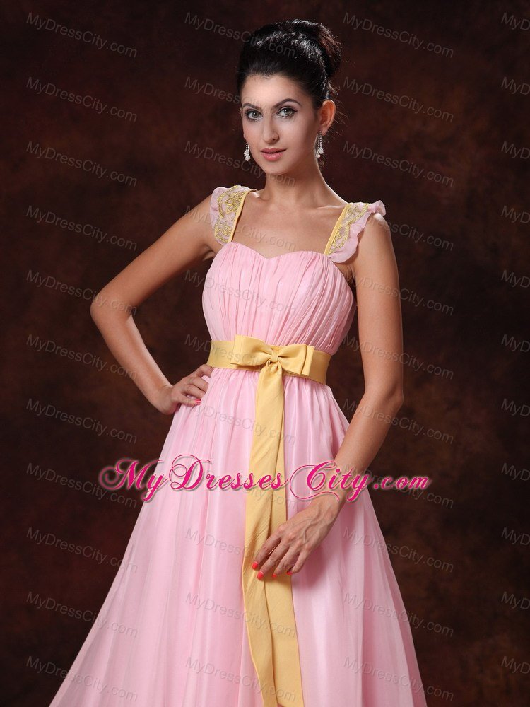 A-line Pink Prom Gowns with Yellow Bowknot for Court Train