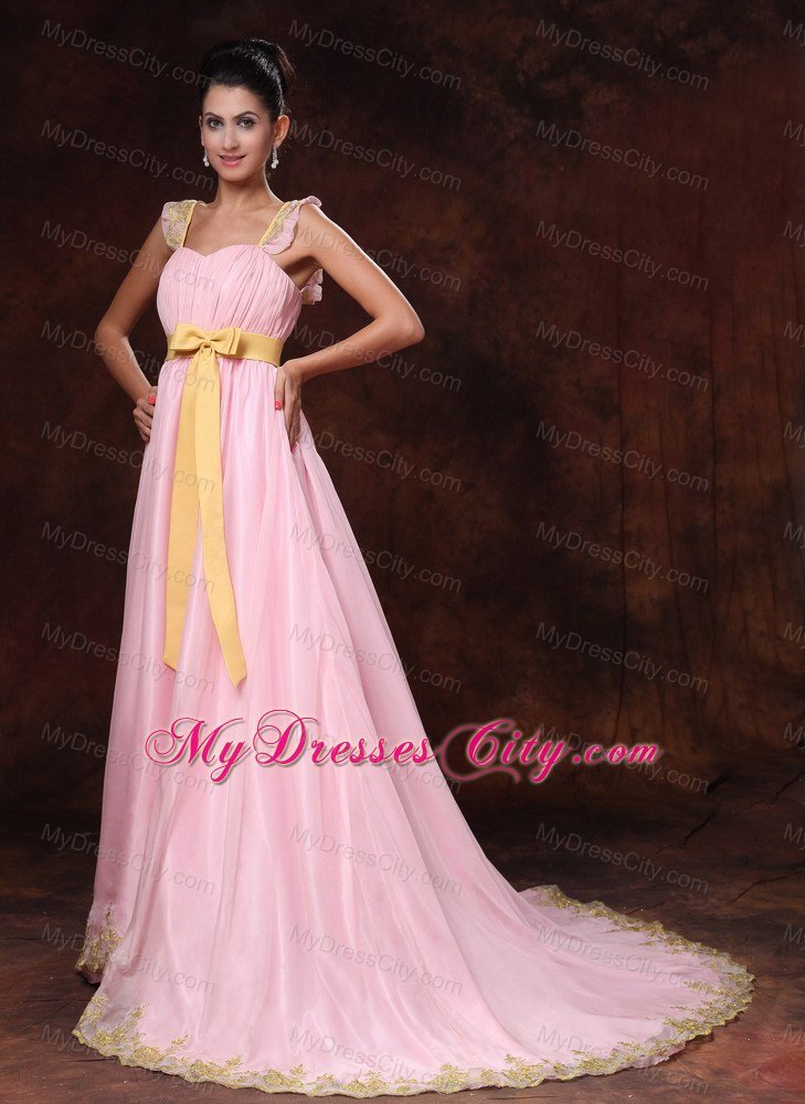 A-line Pink Prom Gowns with Yellow Bowknot for Court Train