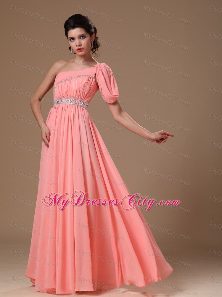 Watermelon One Shoulder Chiffon Beaded Prom Gowns