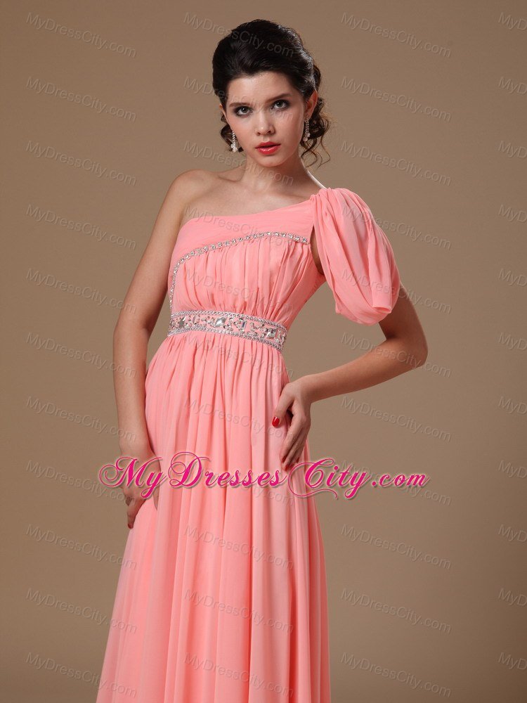 Watermelon One Shoulder Chiffon Beaded Prom Gowns