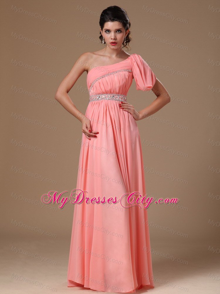 Watermelon One Shoulder Chiffon Beaded Prom Gowns