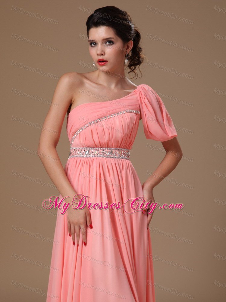 Watermelon One Shoulder Chiffon Beaded Prom Gowns