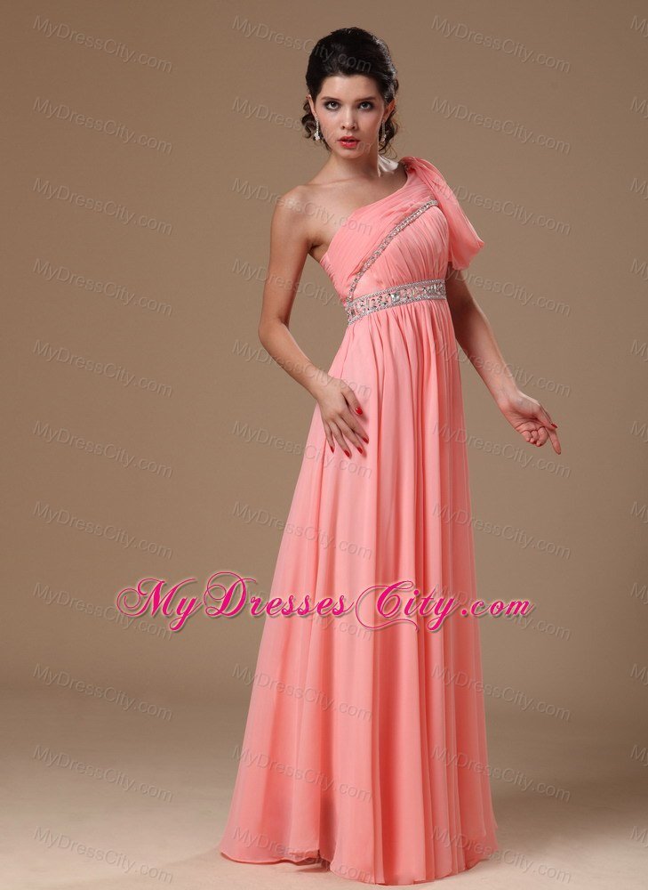 Watermelon One Shoulder Chiffon Beaded Prom Gowns