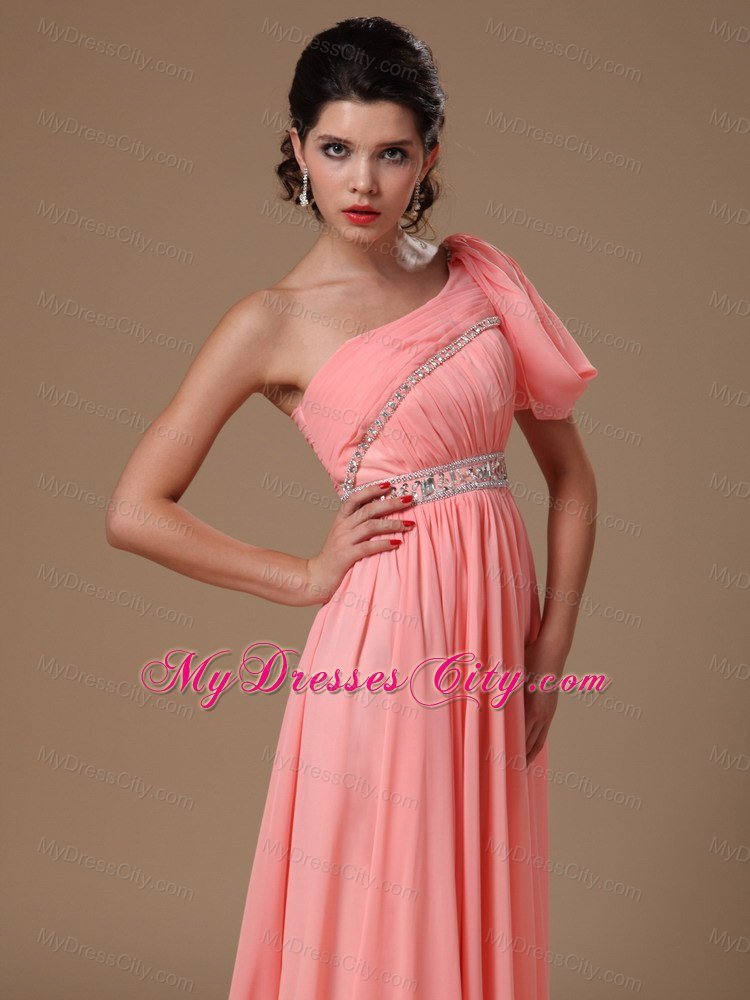 Watermelon One Shoulder Chiffon Beaded Prom Gowns