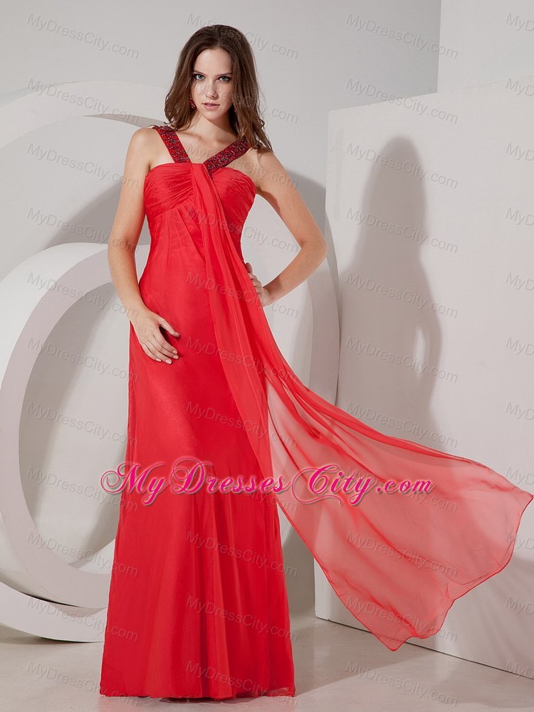 Red Empire V-neck Chiffon Prom Dress with Beading