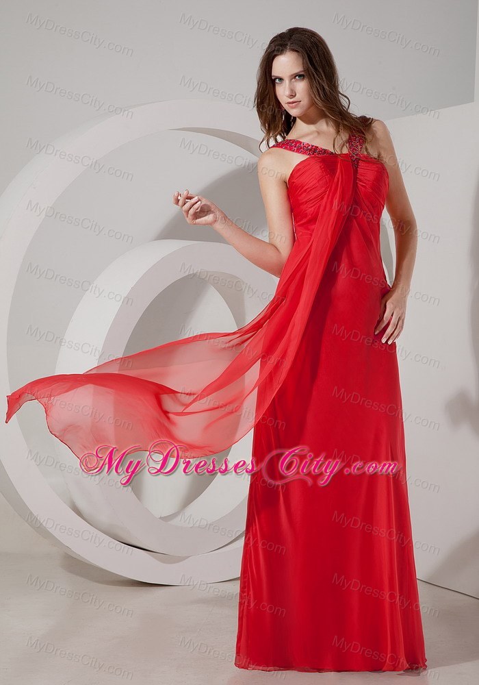 Red Empire V-neck Chiffon Prom Dress with Beading