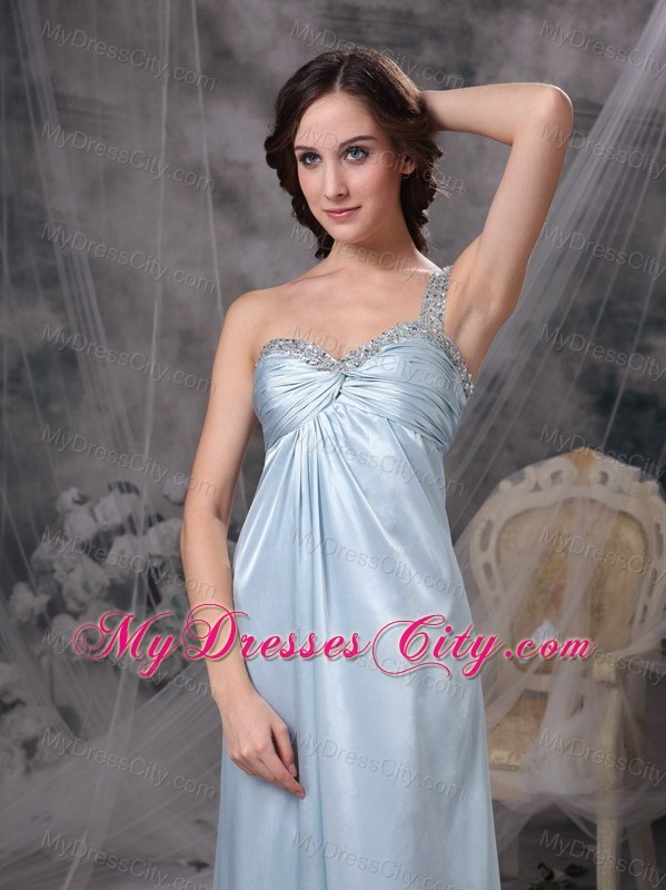 Light Blue Column One Shoulder Beading Teffeta Prom Dress